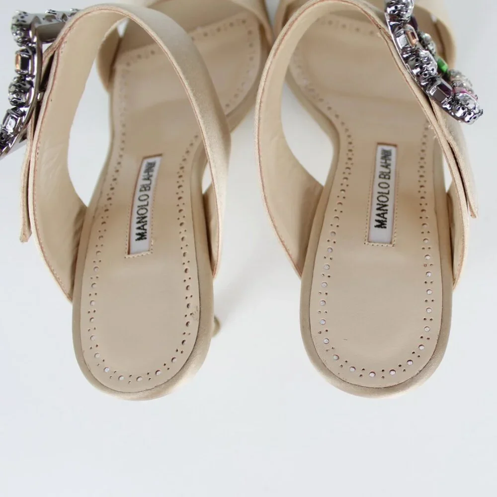 NEW Manolo Blahnik Verda 90 Crystal Buckle Satin Mule Sandals Nude EU 38.5